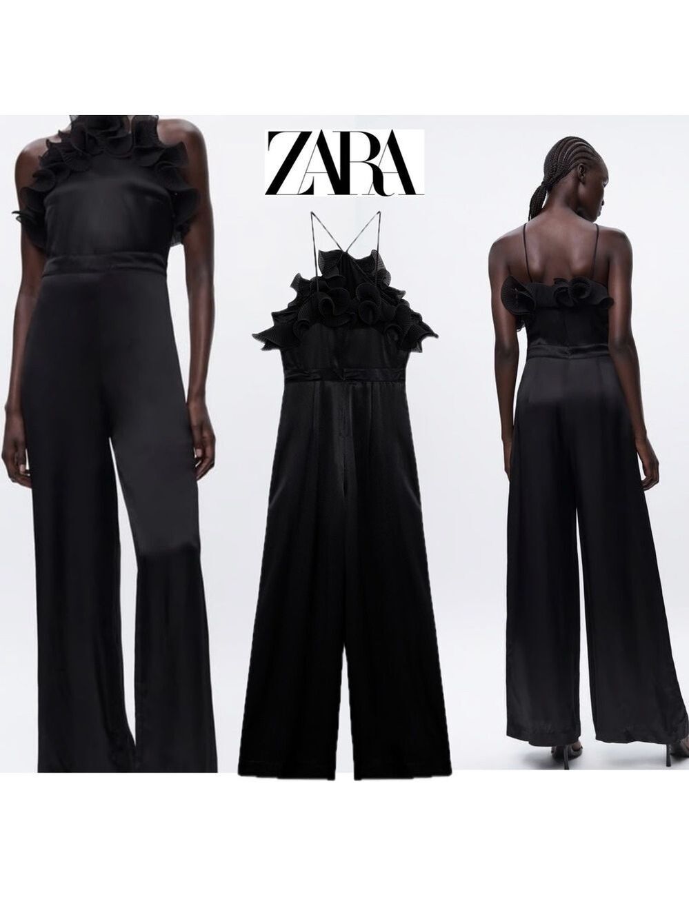 Zara black ruffle frill halter top spaghetti strap wide leg jumpsuit Sz S NWOT
